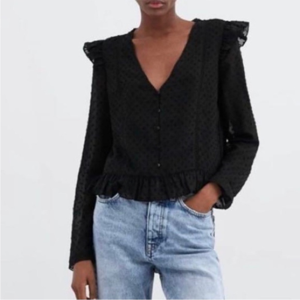 Zara Black Long Sleeve Ruffled Blouse